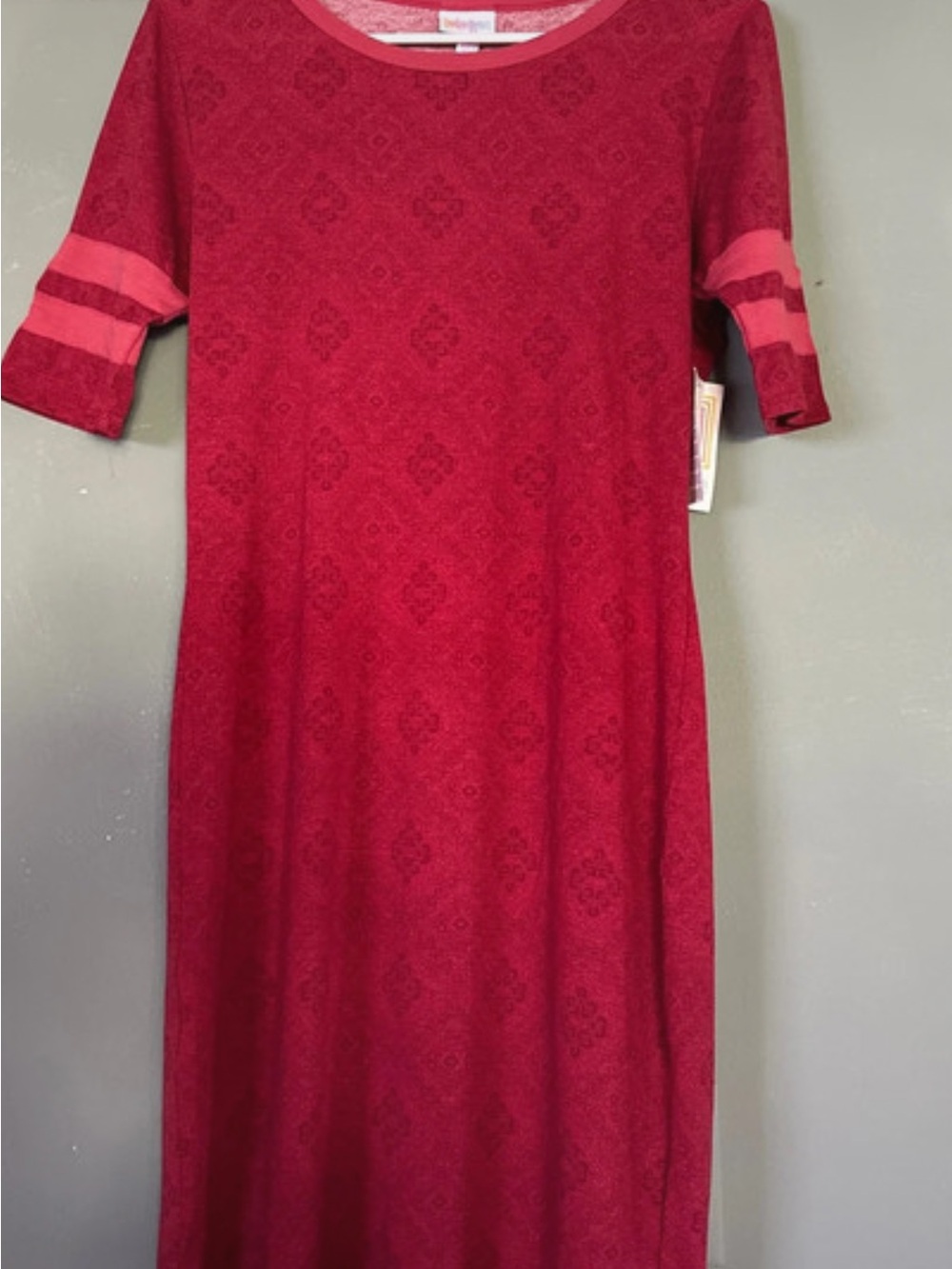 LuLaRoe Deep Red Patterned Midi Dress with Stripe Sleeve Detail